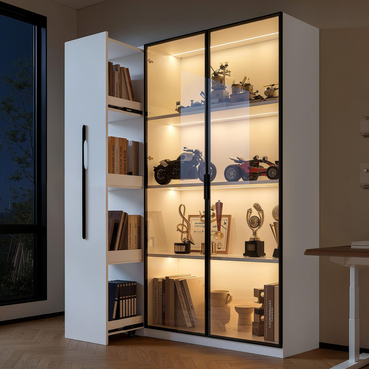 VITRINE 110,5×35×160 cm aus MDF mit LED Vitrine und ausziehbarem Seitenregal - Weiß, Holzwerkstoff (110.5/160/35cm) - Luhomfu