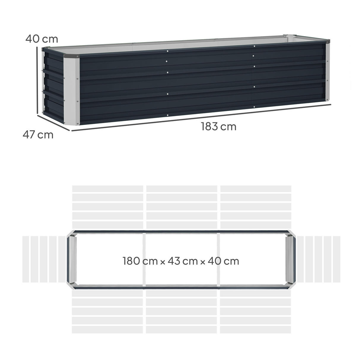 STAHL-HOCHBEET, dunkelgrau, 183×47×40 cm, wetterfest - Grau, Metall (183/40/47cm) - Biohort