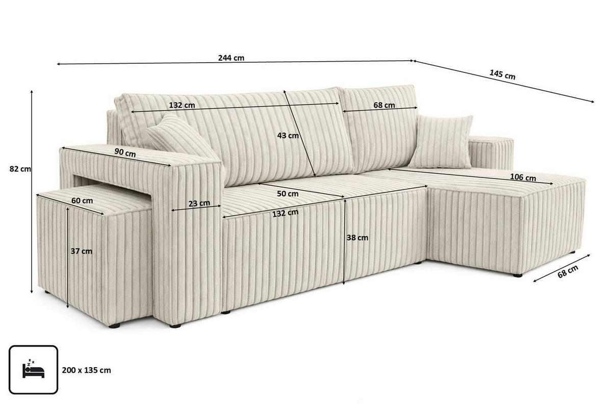 ECKSOFA Mit Schlaffunktion Und Pouf, Cordstoff Tilia, Ecru, Rechts, Best L Mit Pouf - Ecru, Holz (244/145cm) - Kaiser Möbel