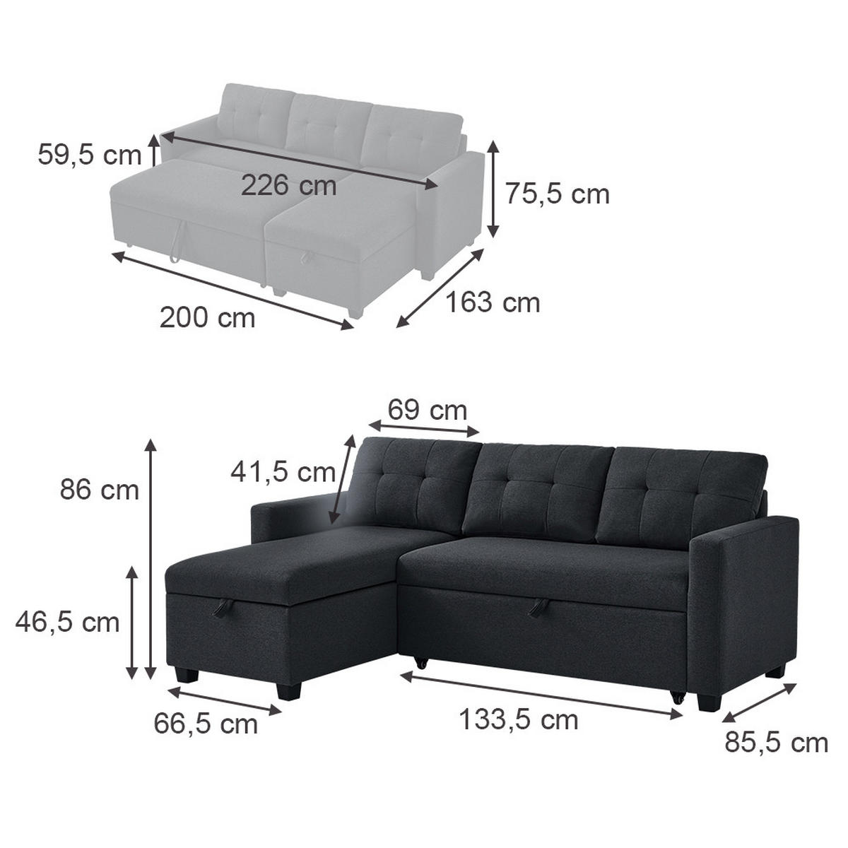 SOFA L FORM Campina Anthrazit 226 x 163 cm mit Schlaffunktion - Anthrazit, Holz (226/163cm) - VitaliSpa