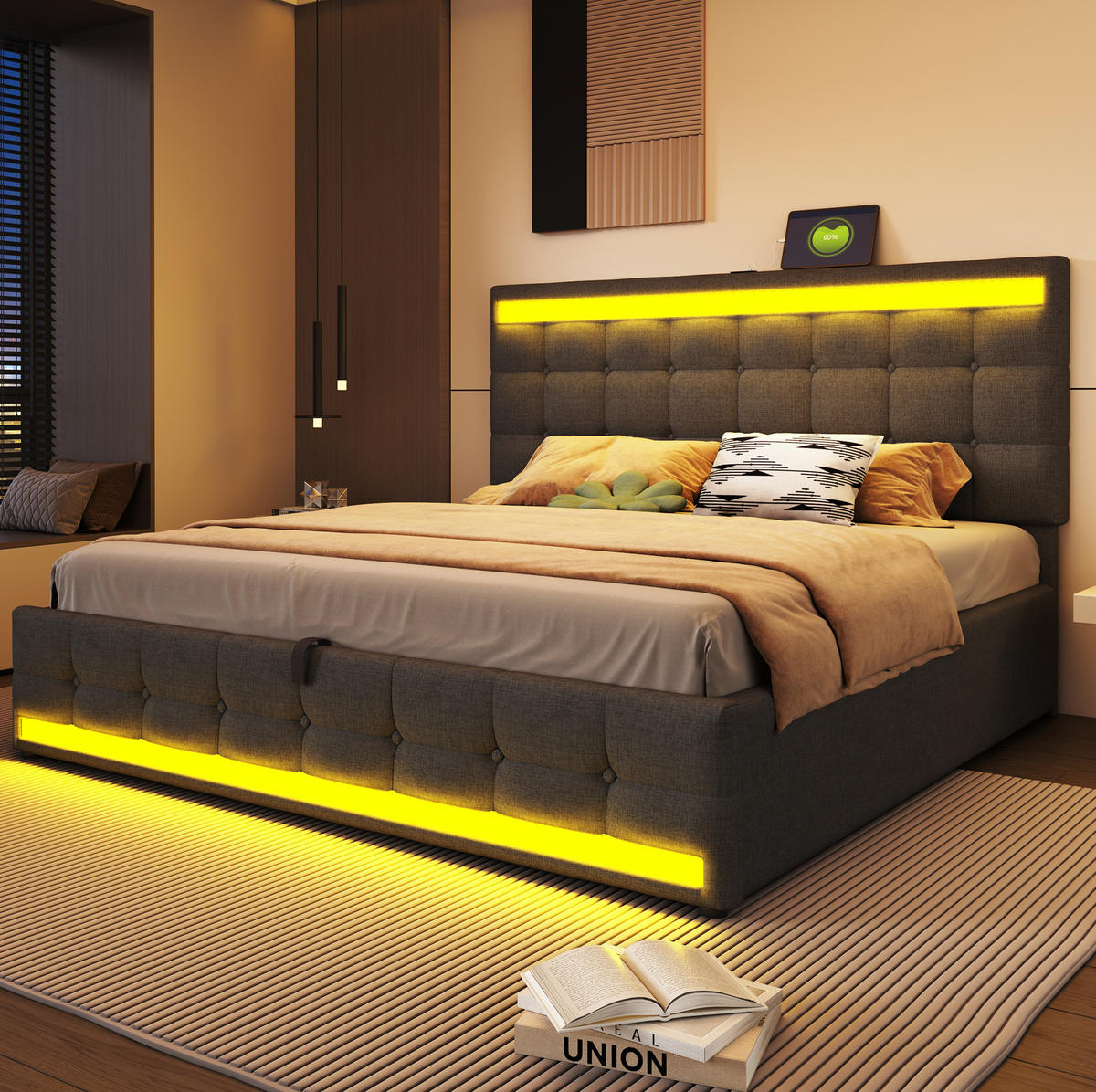 POLSTERBETT 180/200 cm Grau aus Stoff mit LED-Beleuchtung und USB - Grau, Textil (180/200cm) - OKMYHOME