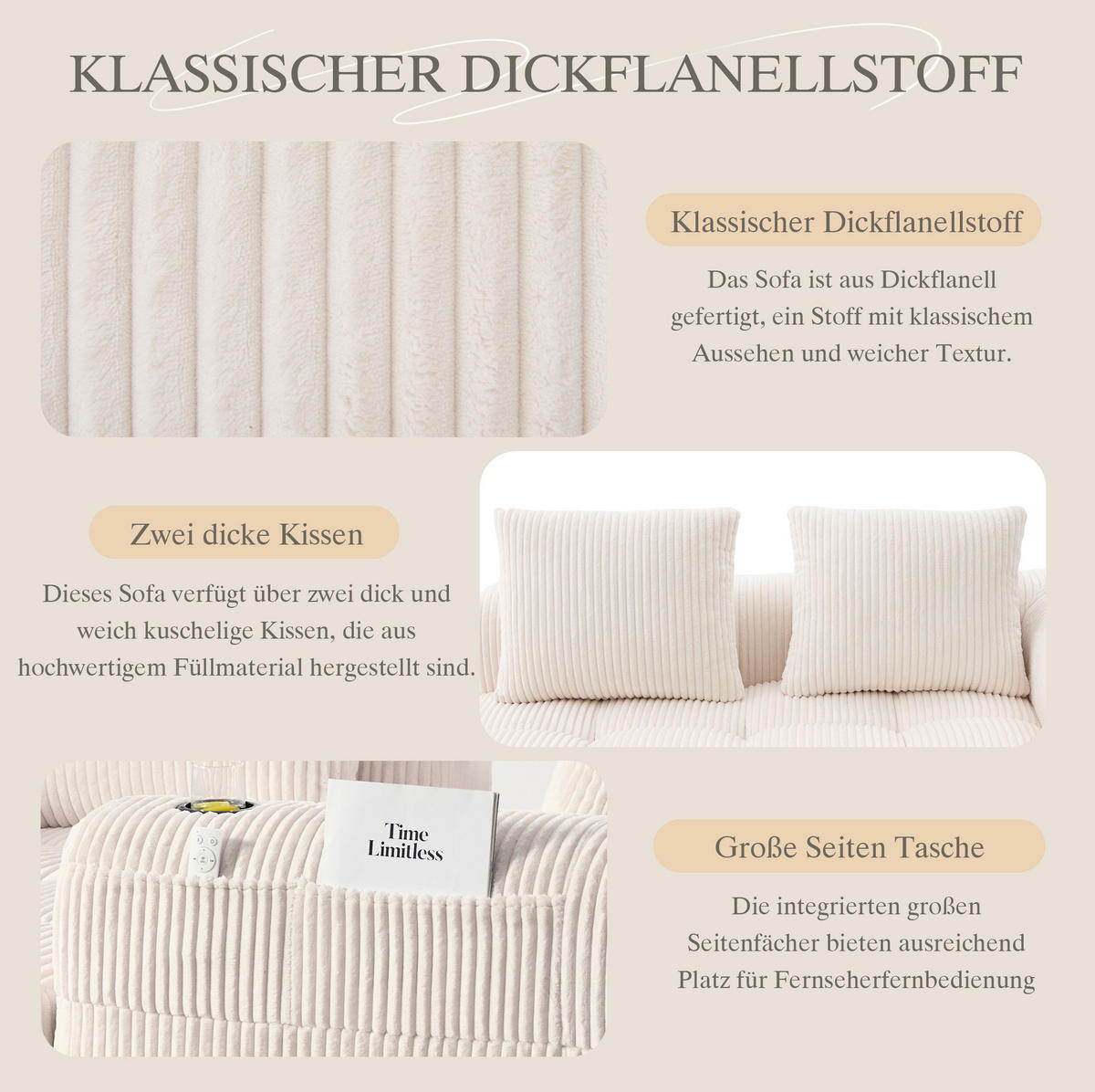SOFA 2-Sitzer kompakt 158 x 93 x 61 cm Cord Beige - Beige, Kunststoff (158/61/93cm) - Meubliv