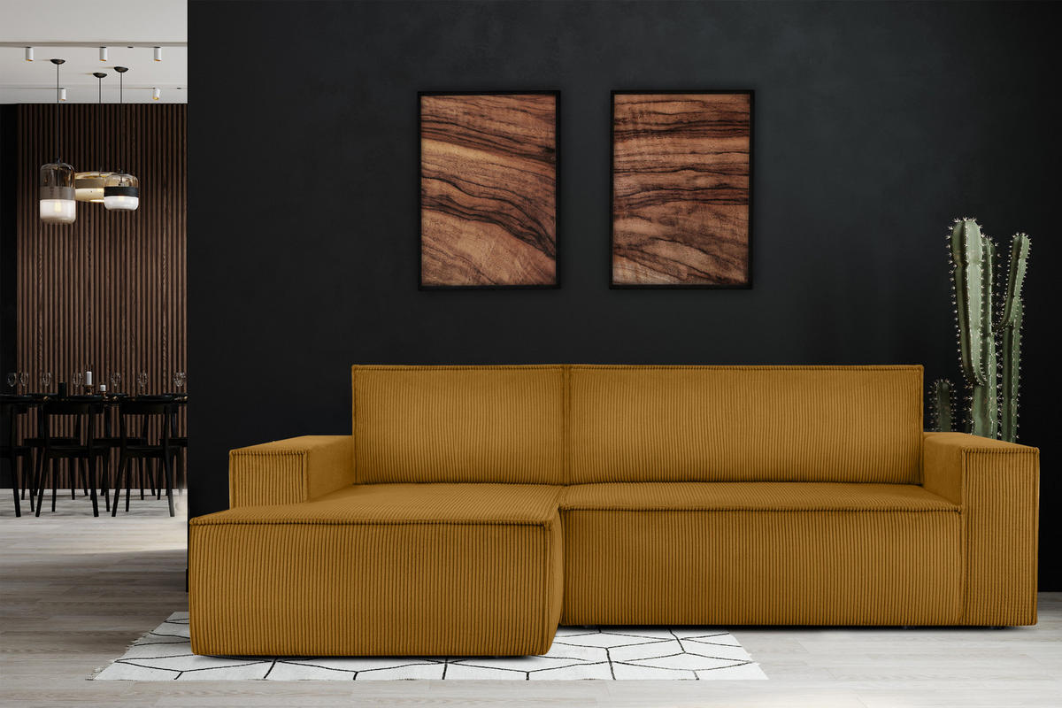 ECKSCHLAFSOFA-LINKS NAPI in Pet Friendly Cord-Stoff, gelb - Gelb/Schwarz, Textil (262/148cm) - KONSIMO®
