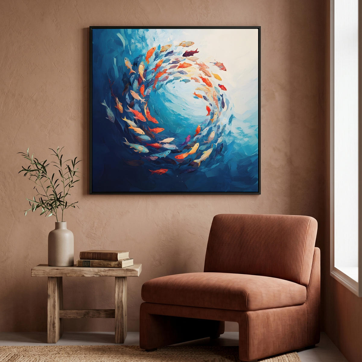 LEINWAND Bilder mit Rahmen - Meer - Fische - Bunt - Dynamisch - 90x90 - Hellblau, Textil (90/90cm) - MuchoWow