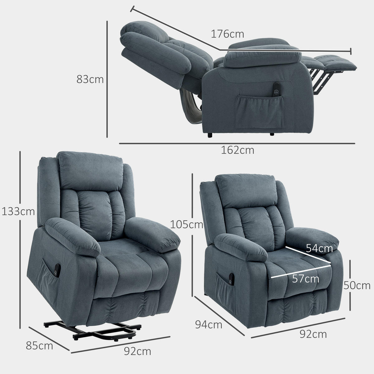 RELAXSESSEL mit Aufstehhilfe Elektrisch Fernsehsessel mit Liegefunktion Samt - Grau, Kunststoff (92/105/94cm) - HOMCOM