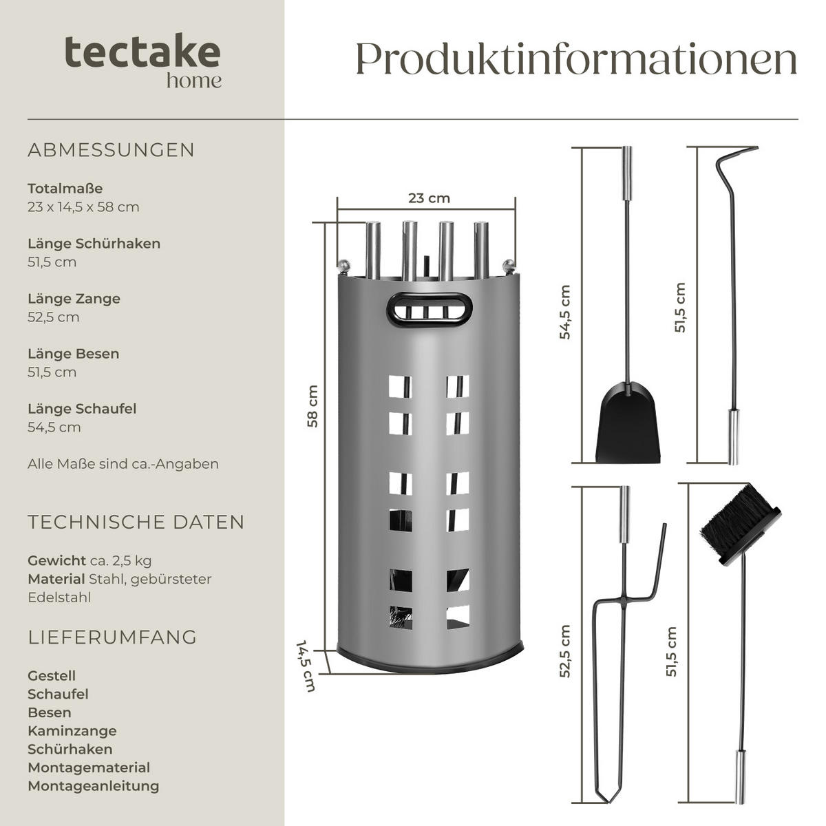 KAMINBESTECK ,23 x 14,5 x 58 cm,grau - Grau, Metall (14.5/58/23cm) - tectake
