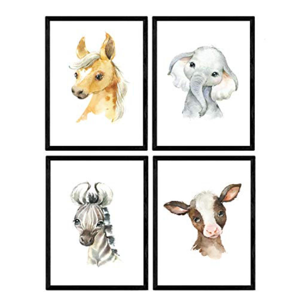 POSTER Set mit 4 Elefantenkuh Pferd und Zebra A3 Rahmenlos - Klar, Papier (29.7/3cm) - Nacnic