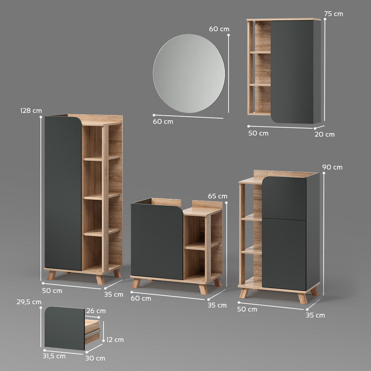 BADMÖBEL-SET Marano Anthrazit 5 Teile - Anthrazit/Sonoma Eiche, Holzwerkstoff (60/65/35cm) - Livinity®