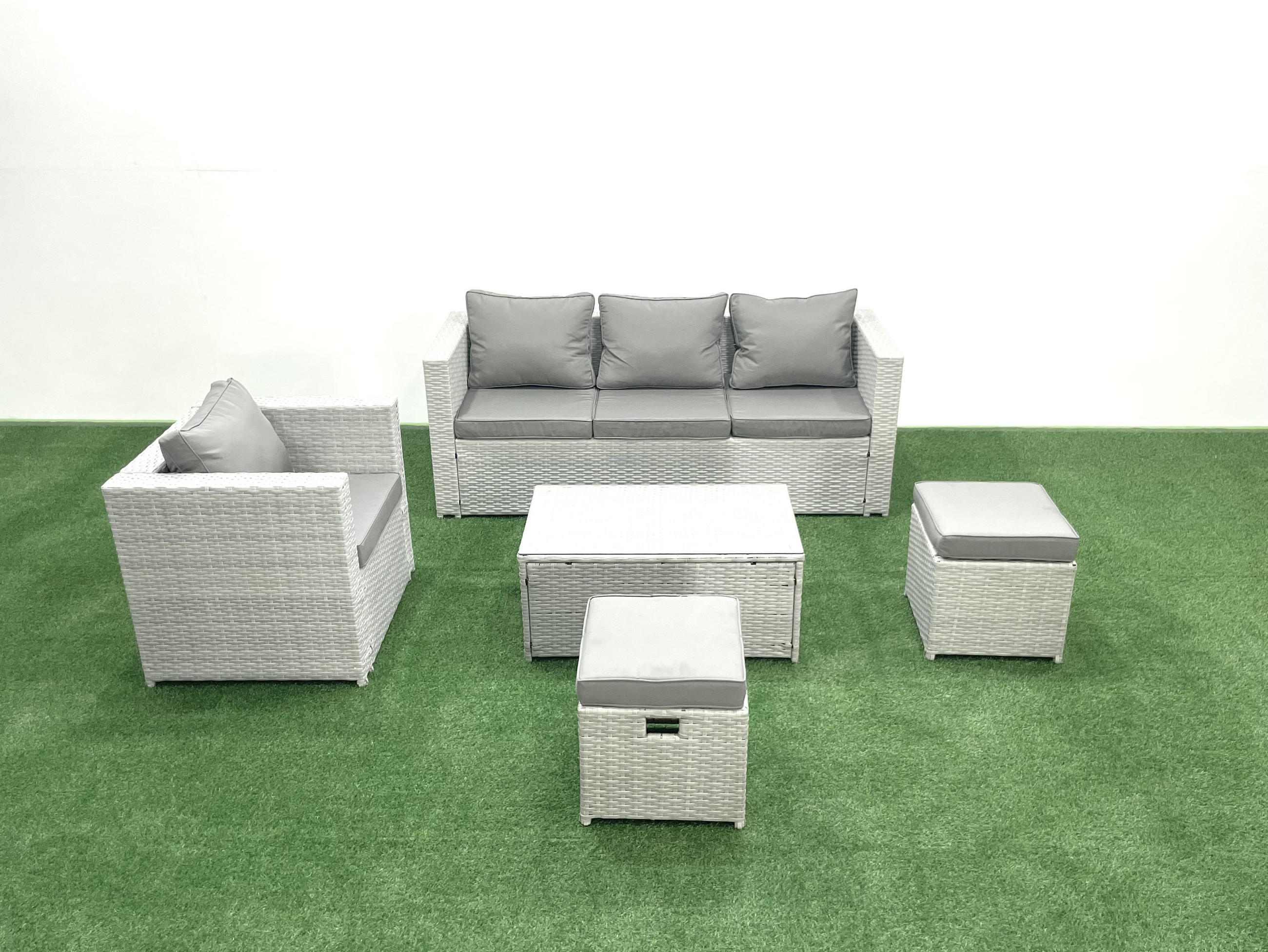 GARTENMÖBELSET mit 3-SITZER SOFA,COUCHTISCH Polyrattan Hellgrau-Mix 6-Sitzer - Hellgrau/Grau, Glas/Kunststoff - Fimous