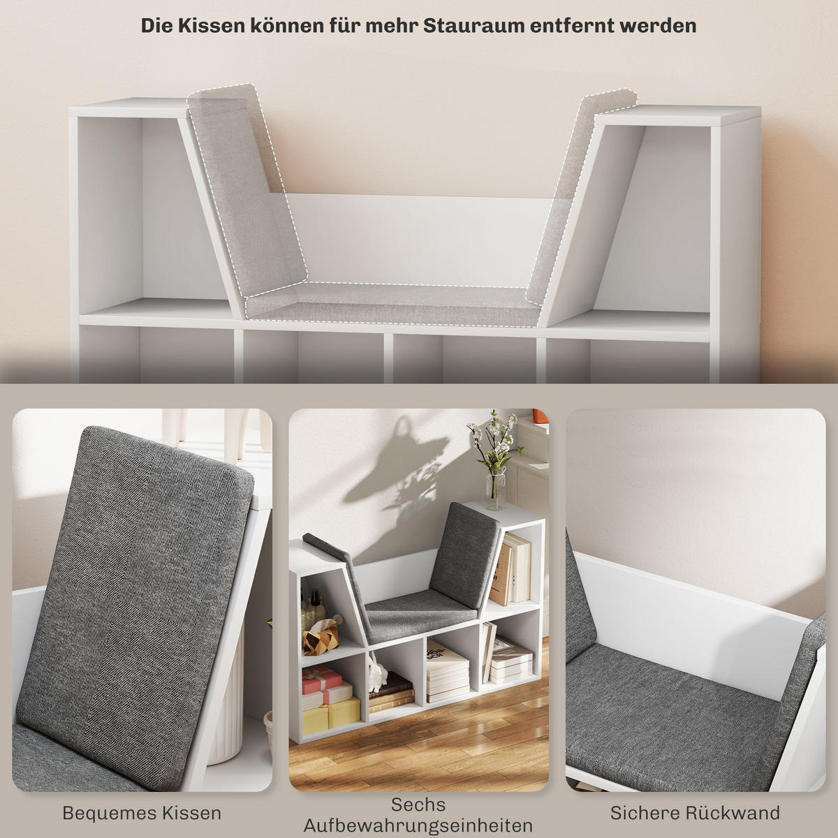 BÜCHERREGAL mit Sitzkissen, Aufbewahrungsregal mit 6 Fächern, Leinenoptik, Weiß - Weiß/Grau, Holzwerkstoff/Textil (30/63/105cm) - HOMCOM