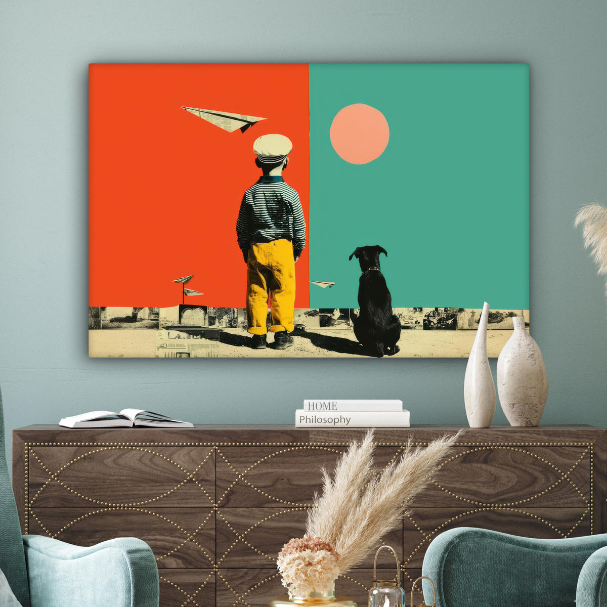 LEINWANDBILD Retro - Junge - Hund - Rot - Grün Groß 140x90 cm - Orange, Textil (140/90cm) - MuchoWow