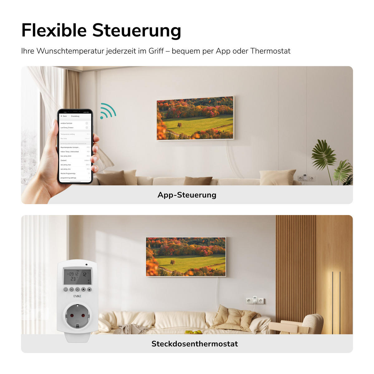 WANDKONVEKTOR Elektrisch mit dekorativem Landschaftsbild, Thermostat und WLAN App Steuerung, 119,5/59,5/2 cm - Weiß, Kunststoff/Metall (119.5/59.5/2cm) - EMKE