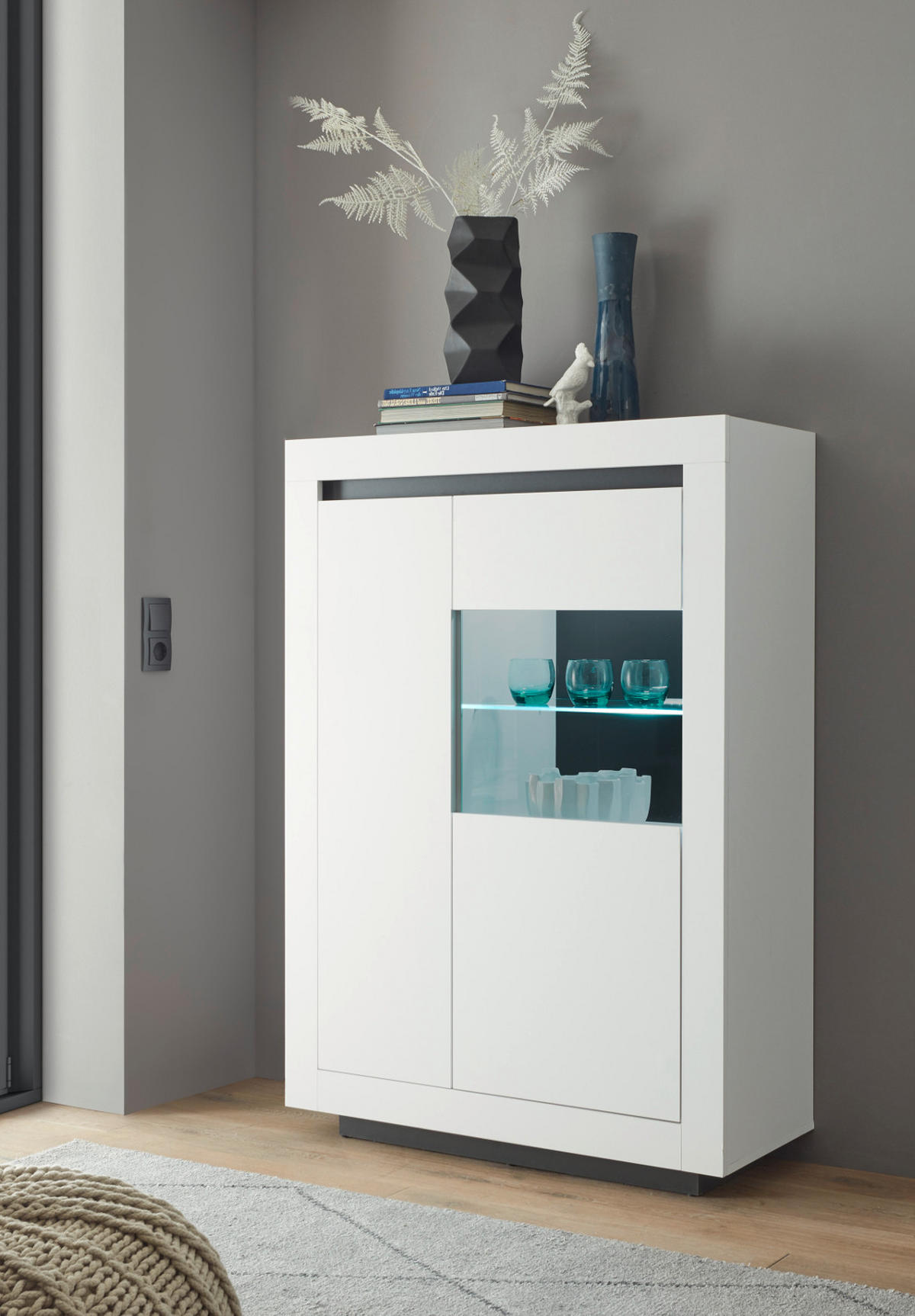 VITRINE weiß, anthrazit, Highboard mit viel Stauraum - Weiß Hochglanz/Anthrazit, Glas/Holz (96/136/38cm) - Furn.Design