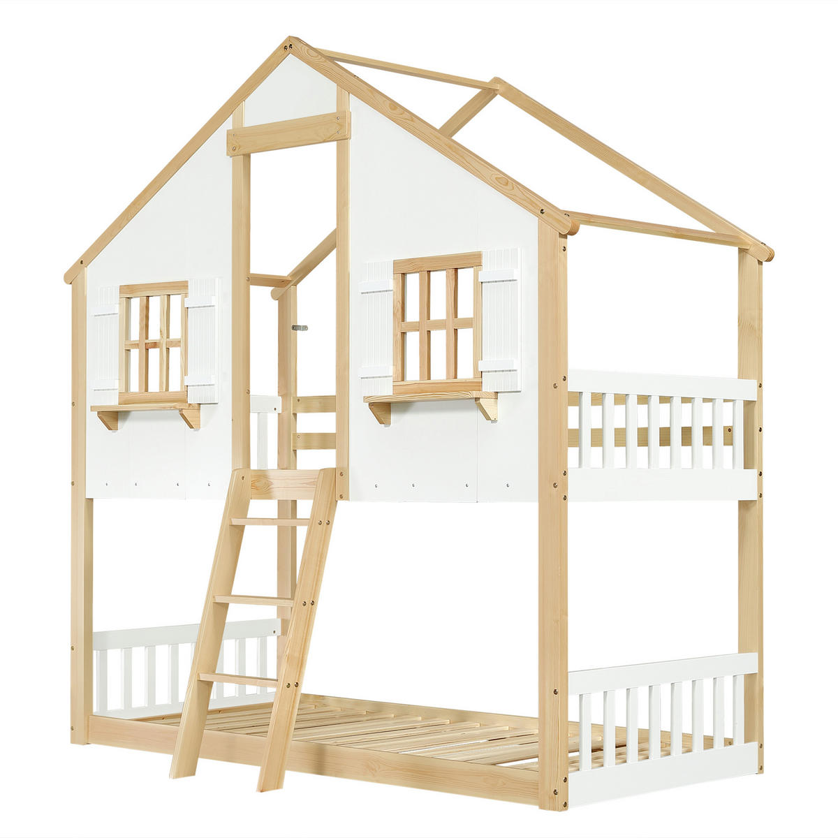 ETAGENBETT Kinderbett 90x200 cm Weiß/Natur mit Dach und Fenstern - Weiß, Holz (90/200cm) - Meubliv