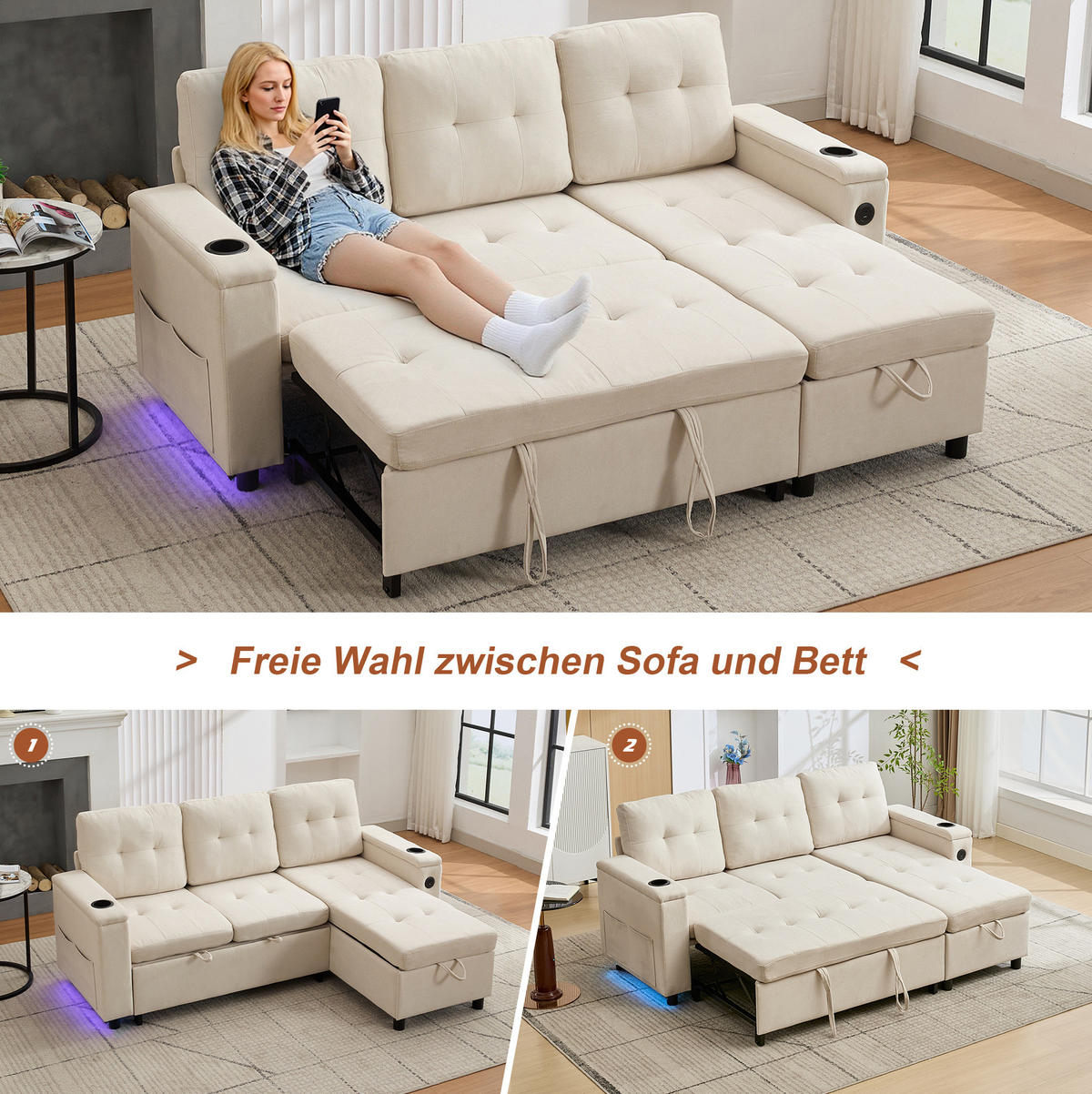 SCHLAFSOFA, Stoff mit Stauraum & LED-Lichtleiste, 208/146/89,5 cm, Beige - Beige, Textil (146/89.5/208cm) - Redom
