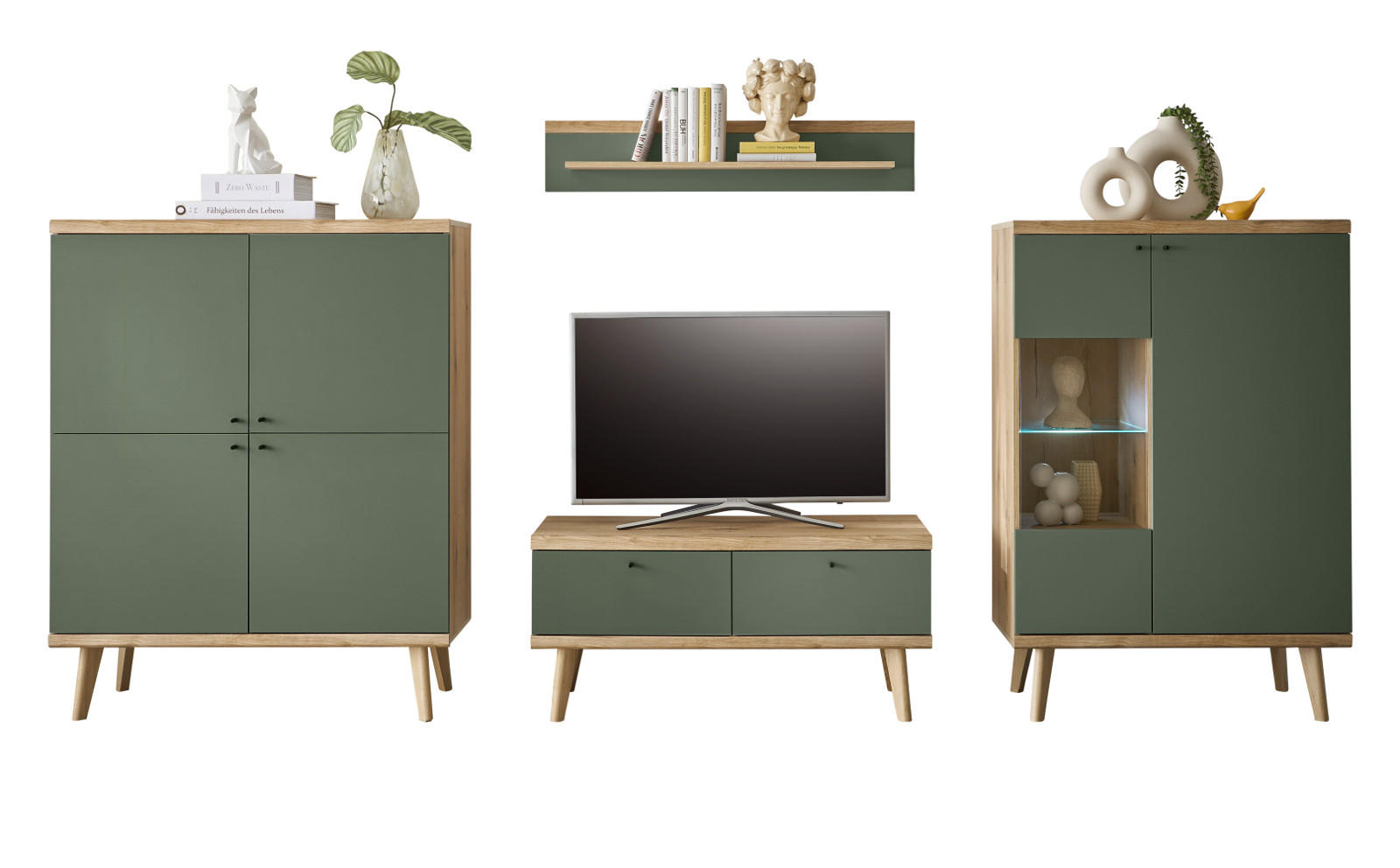 Furn.Design Wohnwand Eiche, Salbeigrün 324x160x40 cm
