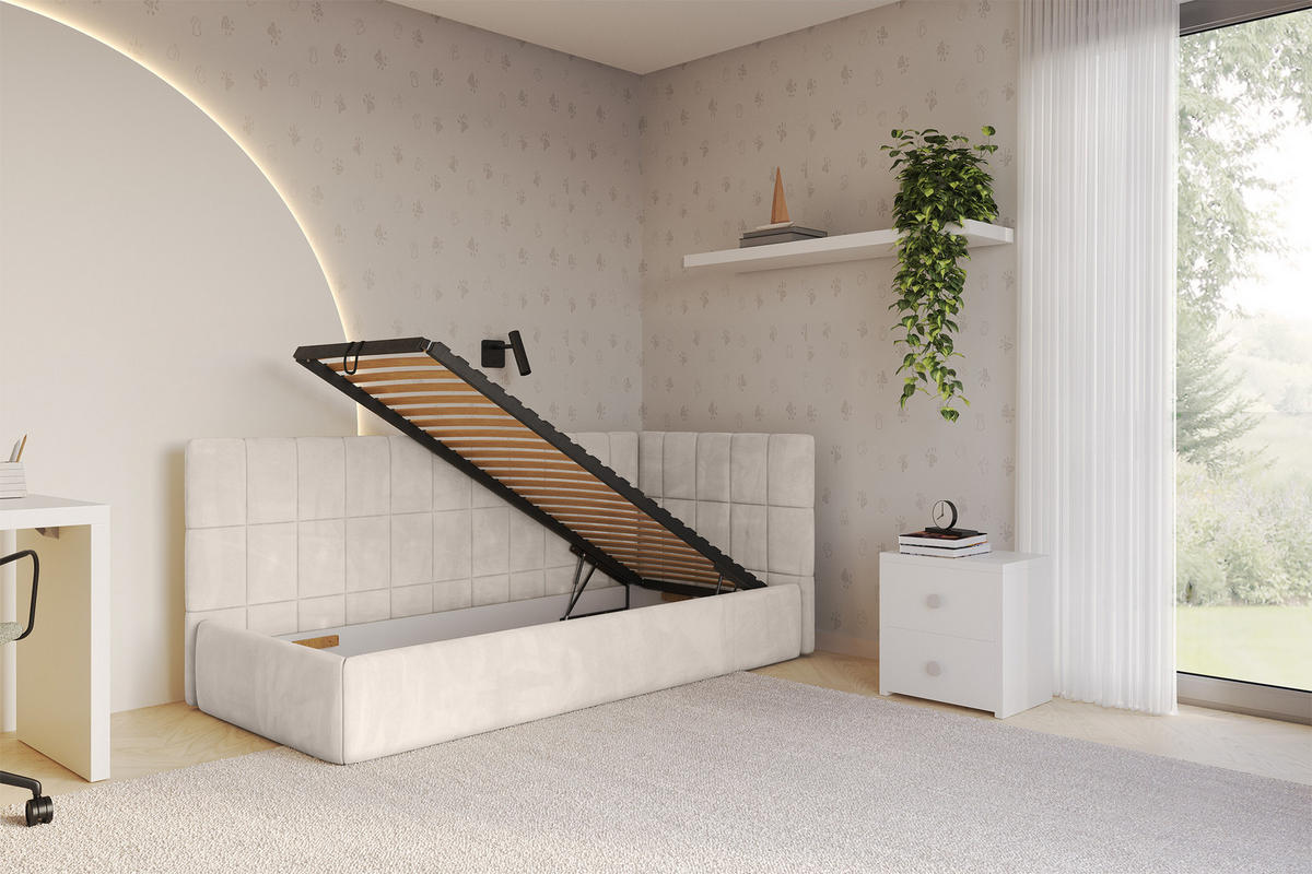 EINZELLBETT Jugendbett mit Bettkasten und Matratze H3/H4, Links - TULY 90x200 Beige - Ecru, Holzwerkstoff/Textil (90/200cm) - ALTDECOR