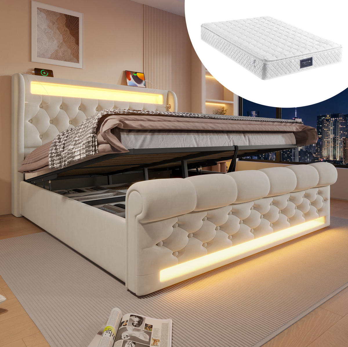 BETT mit LED, Stauraum und Matratze 160x200 cm Samt Beige - Beige, Metall (160/200cm) - Meubliv