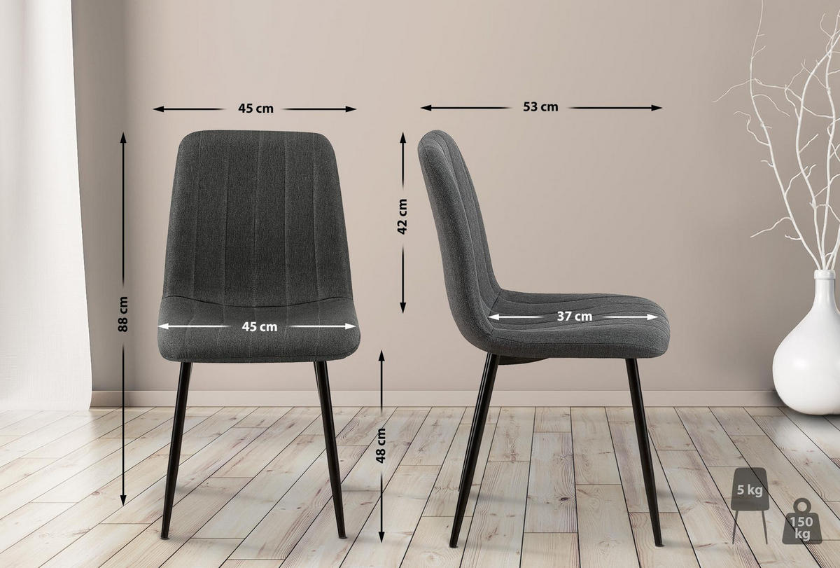 STUHL 4er Set Stoff Dunkelgrau - Dunkelgrau/Schwarz, Textil/Metall (45/88/53cm) - CLP