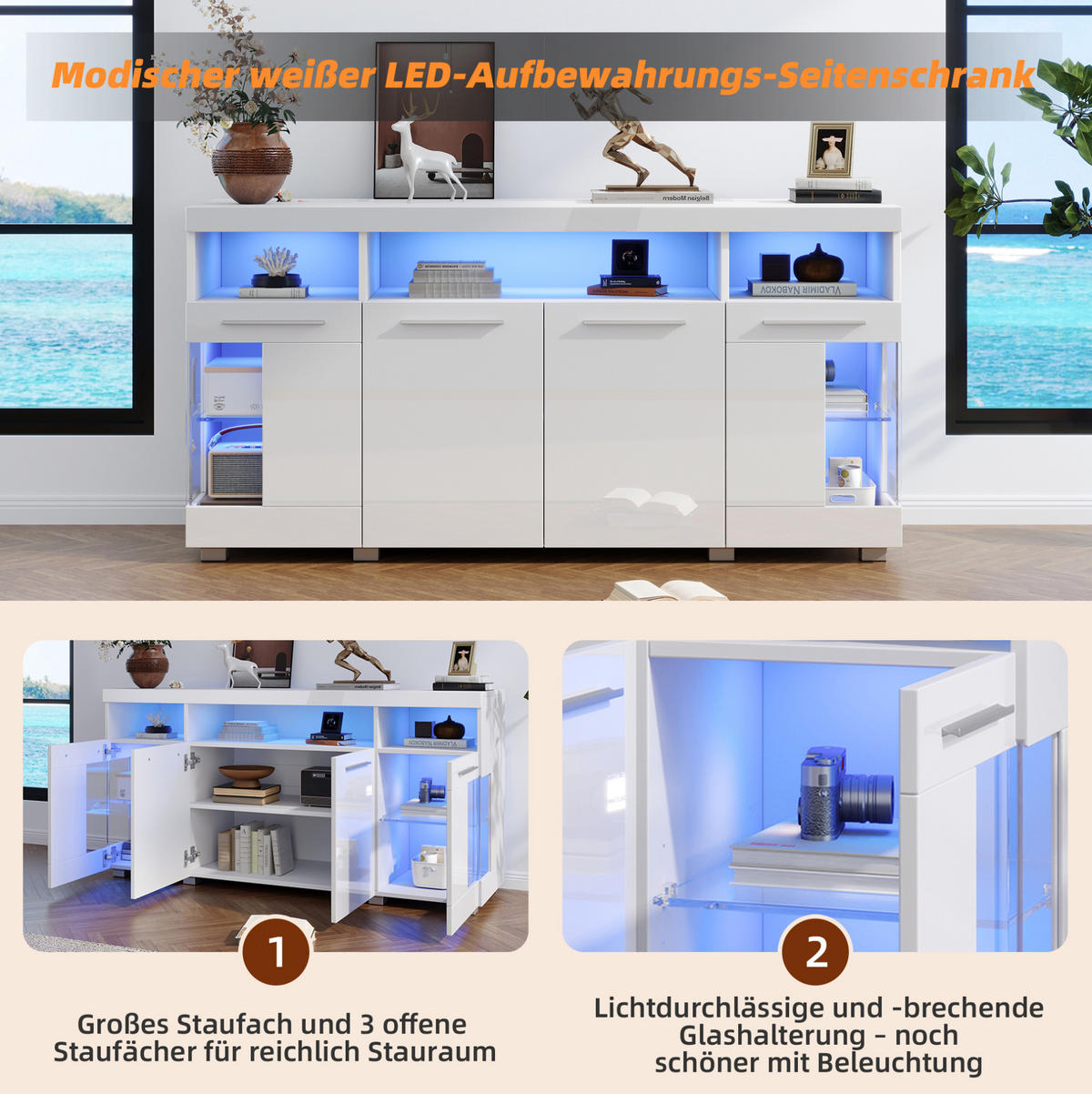 SIDEBOARD 140/40/70 cm mit LED-Beleuchtung, Hochglanzfront und Türen aus gehärtetem Glas, Weiß - Weiß, Holzwerkstoff (140/70/40cm) - Redom