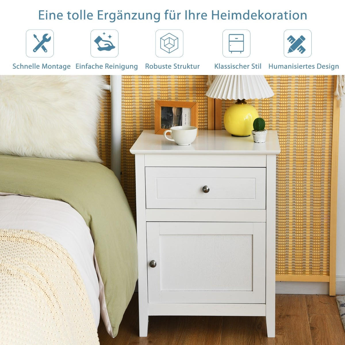 NACHTTISCH 2er Set aus MDF und Kiefernholz, 2-stufiger Beistelltisch mit Schublade und Tür, weiß - Silberfarben/Weiß, Holz/Holzwerkstoff (48/63.5/38cm) - DESIGN IN