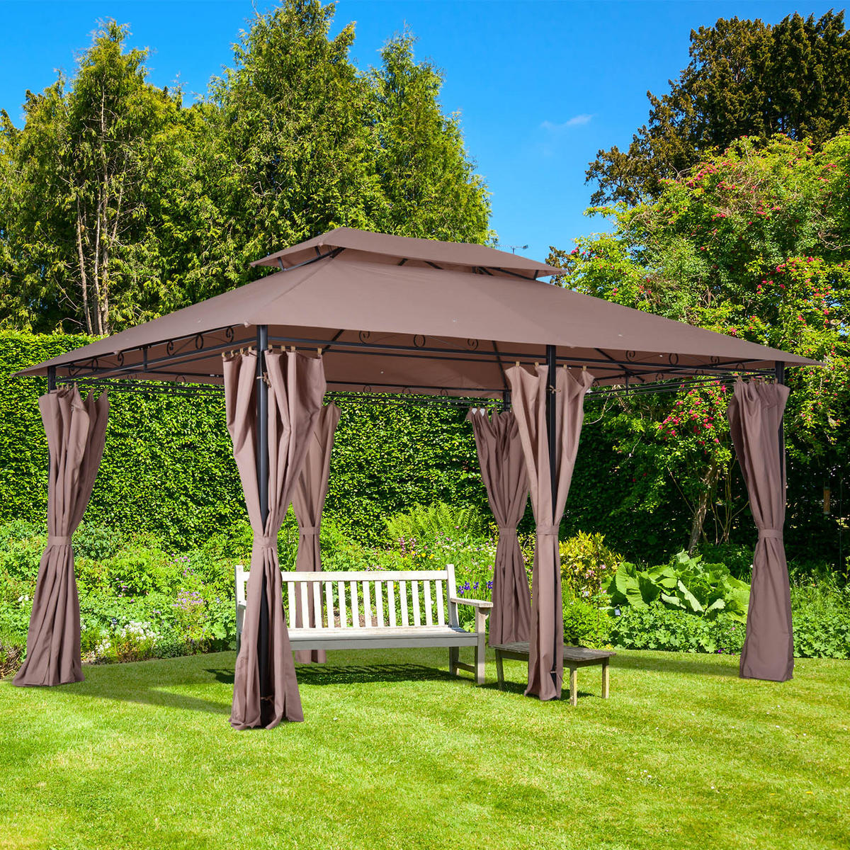 GARTENPAVILLON Partyzelt Pavillon Gartenzelt Festzelt Zelt Doppeldach 3x4m Khaki - Braun, Metall (400/280/300cm) - Outsunny