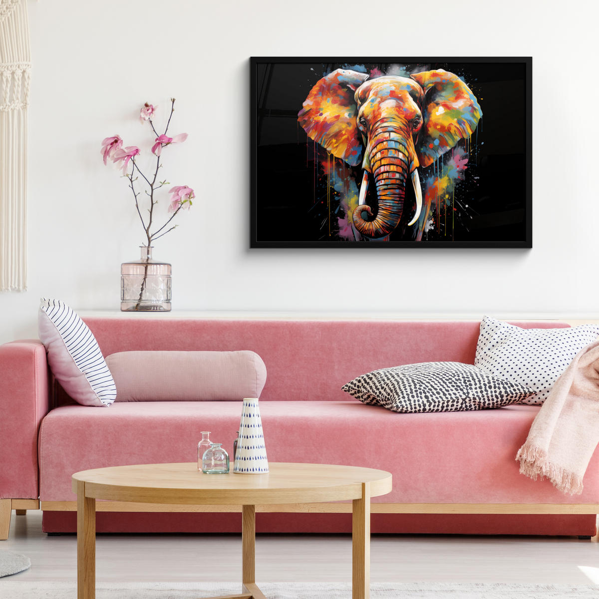 POSTER MIT RAHMEN Elefant - Graffiti - Schwarz - Tiere - Farben 90x60 cm - Schwarz, Papier (90/60cm) - MuchoWow