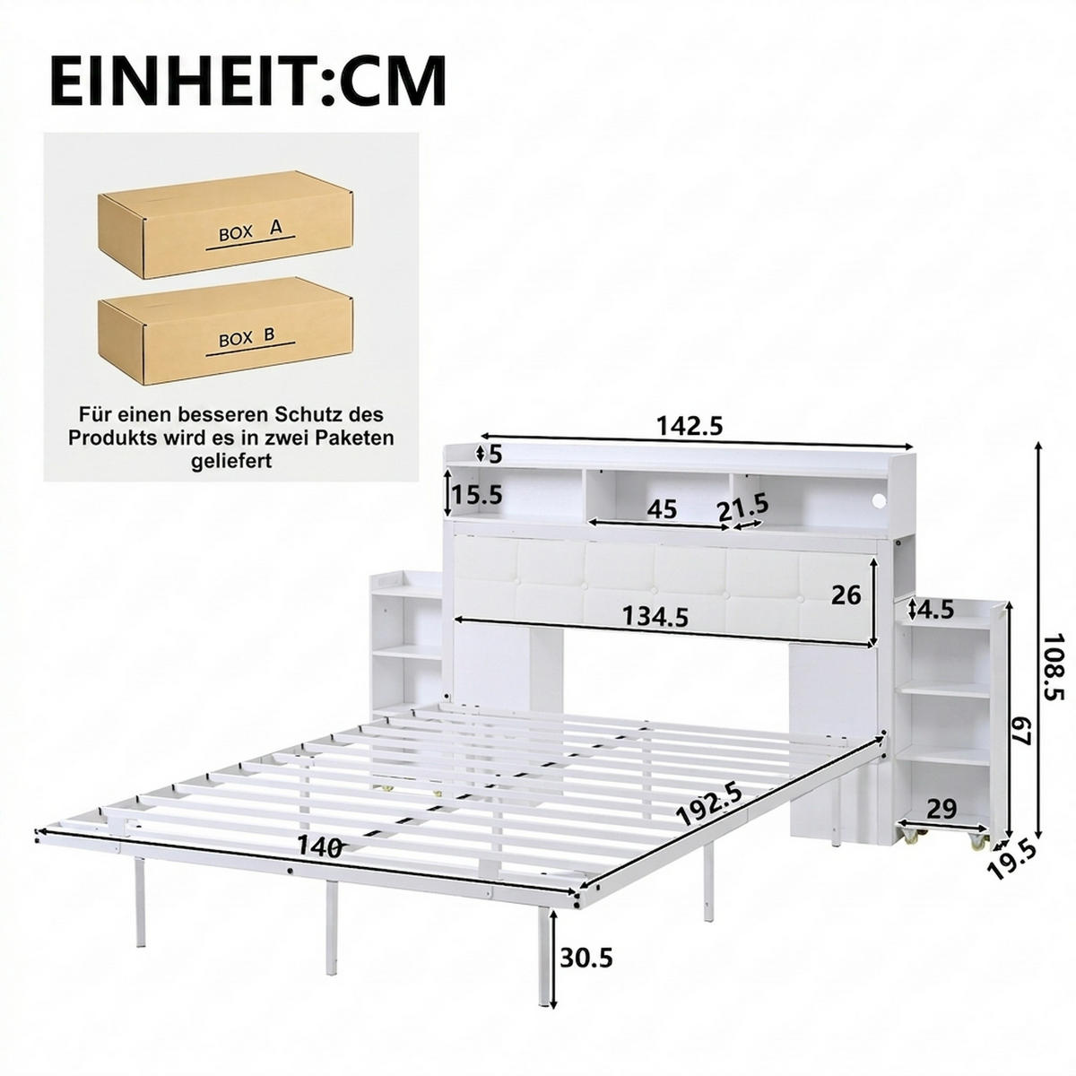 METALLBETT 140/190 cm Weiß mit 2 ausziehbaren Nachttischen, LED und Ablagefächern - Weiß, Metall (140/190cm) - Oxeza