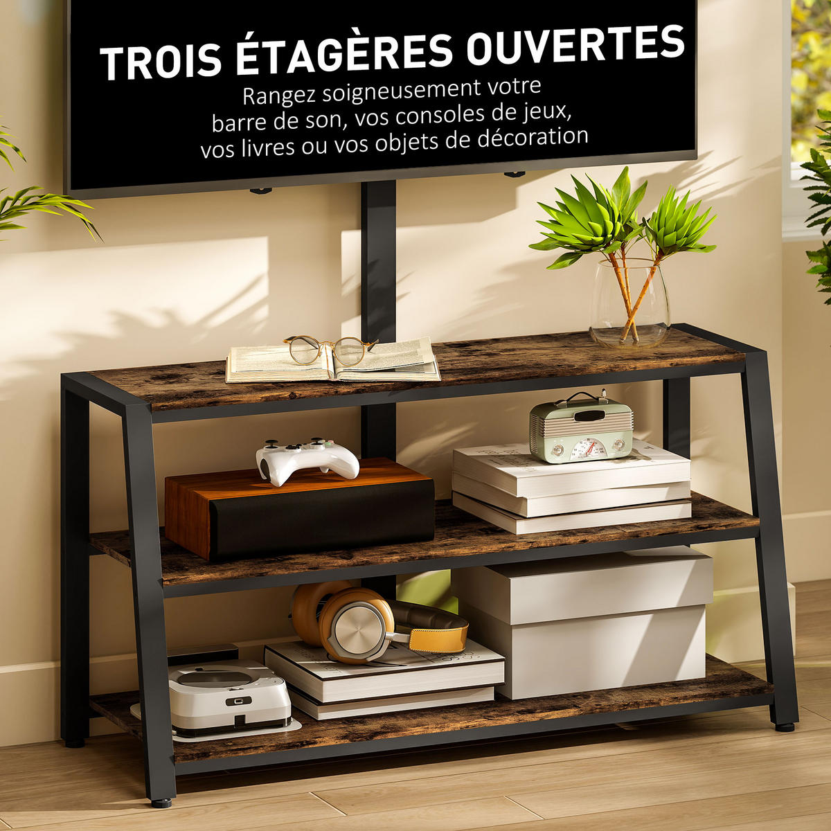 TV-SCHRANK Braun/Schwarz 108/41/135 cm, Mit TV-Halterung, Schwenkbar, Offene Fächer - Braun, Holzwerkstoff (108/135/41cm) - PANGIVO
