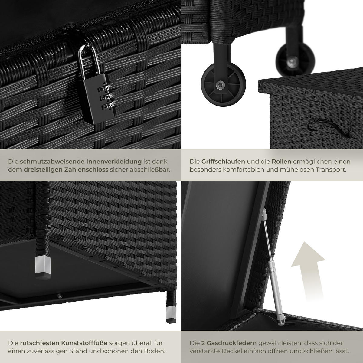 AUFLAGENBOX Kiruna,121 x 56 x 60 cm,schwarz - Schwarz, Kunststoff (56/60/121cm) - tectake