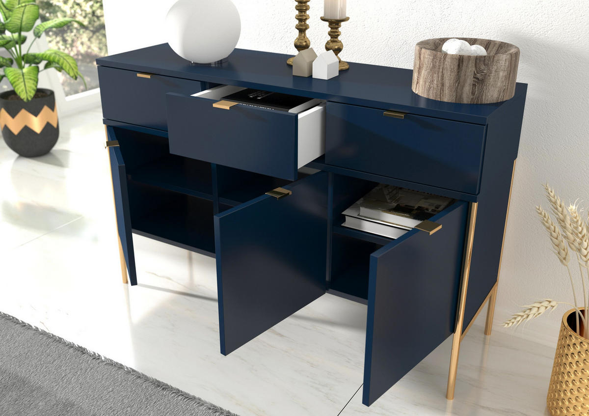 SIDEBOARD Polka, Marineblau, Goldene Details - Goldfarben/Dunkelblau, Holzwerkstoff/Metall (120/78/37cm) - Skandica