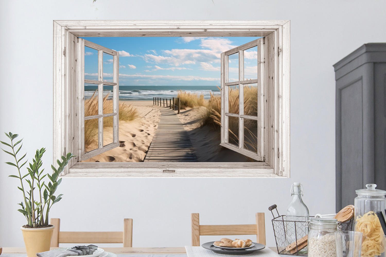 WANDTATTOO Fenster - Meer - Küste - Natur - Ausblick - Strand - Wattenmeer 120x80 cm - Beige, Kunststoff (120/80/0.1cm) - MuchoWow