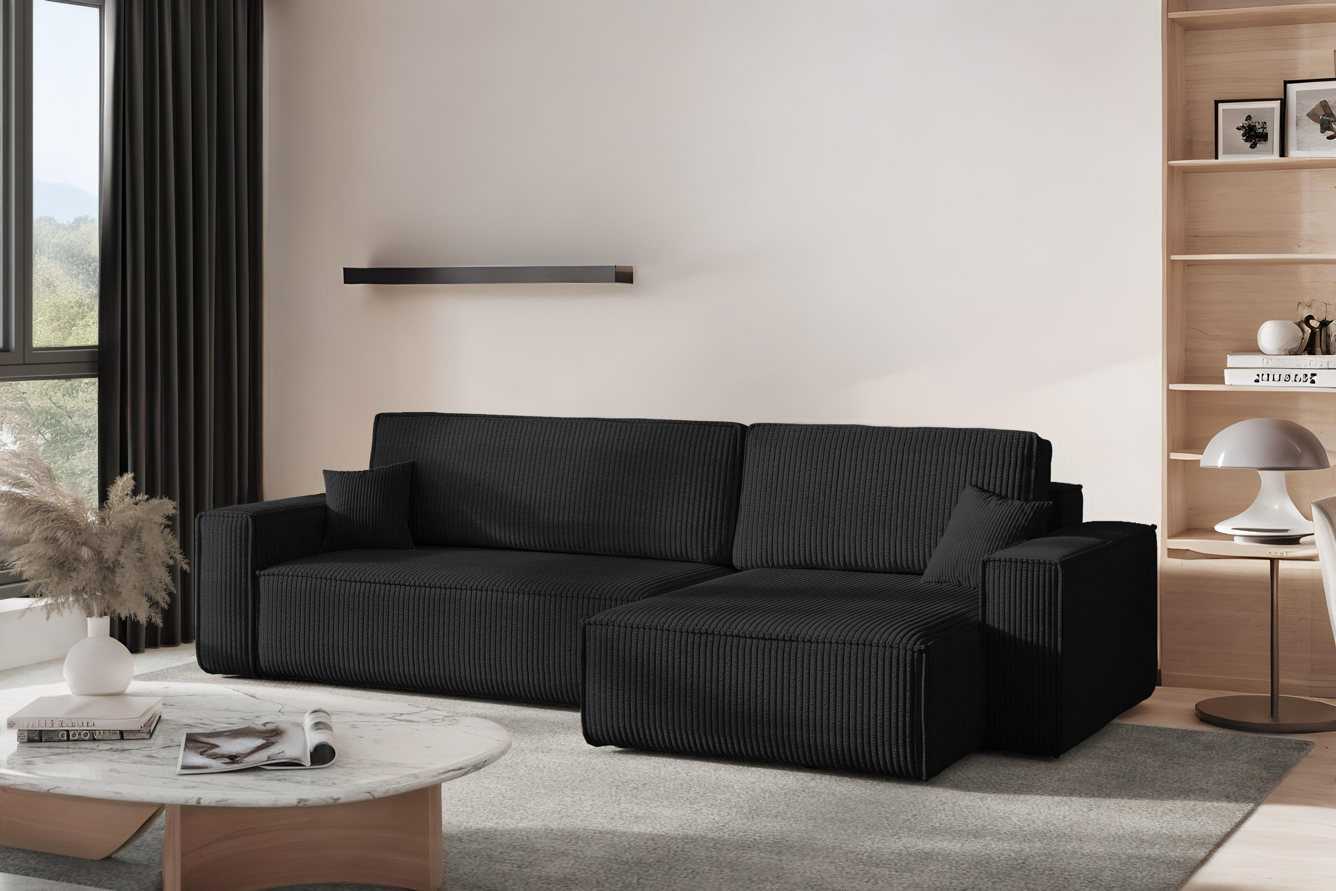 ECKSOFA Mit Schlaffunktion Und Bettkasten, Eckcouch BEST XL Stoff Poso Dicker Cord Schwarz Rechts - Schwarz, Holz/Kunststoff (274/142cm) - Kaiser Möbel