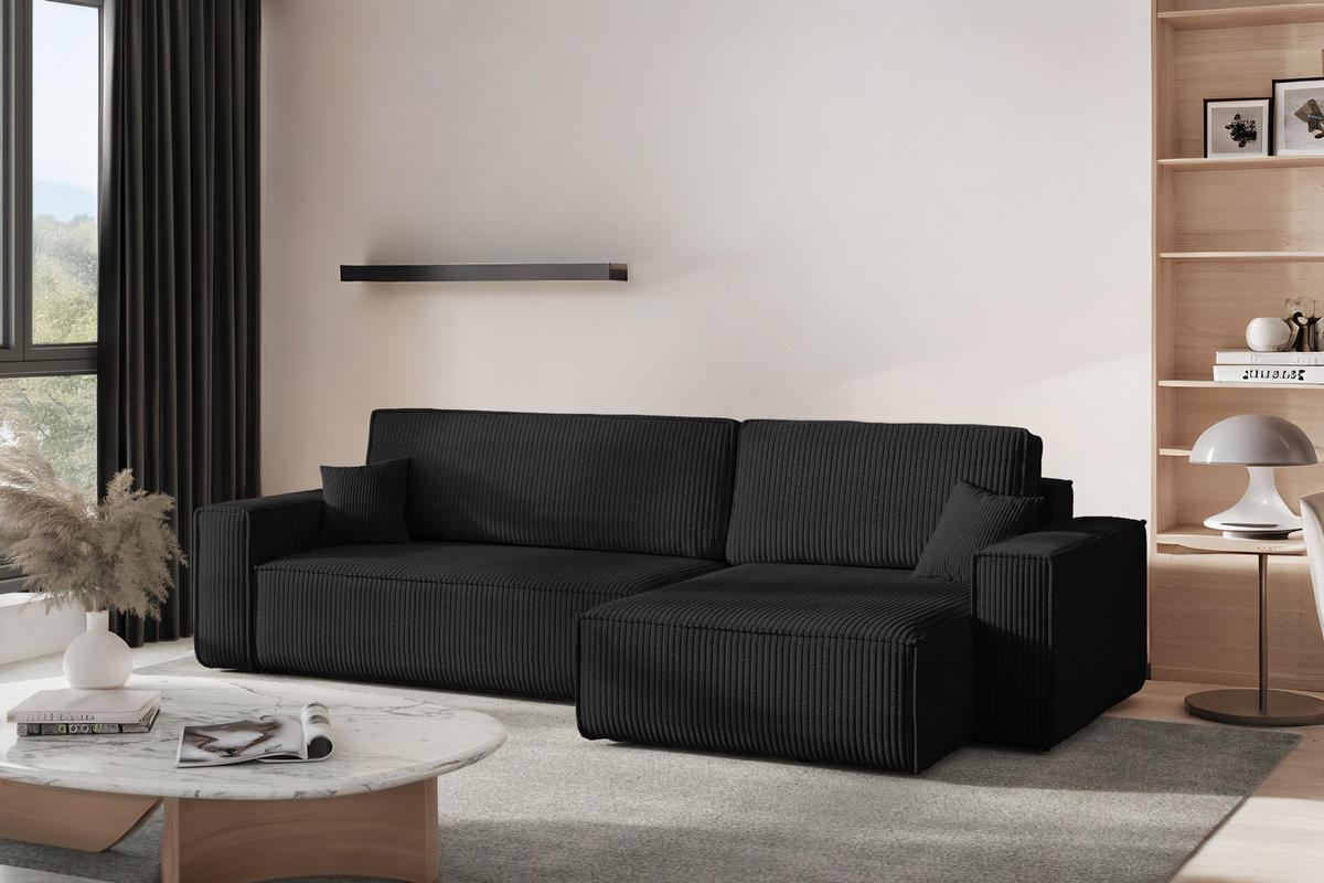 ECKSOFA Mit Schlaffunktion Und Bettkasten, Eckcouch BEST XL Stoff Poso Dicker Cord Schwarz Rechts - Schwarz, Holz/Kunststoff (274/142cm) - Kaiser Möbel