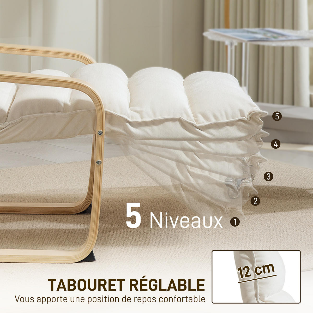 RELAXSESSEL DE-13311 mit verstellbarer Fußstütze & Veloursbezug Creme - Creme, Holz (67/105/93cm) - ComfortXL