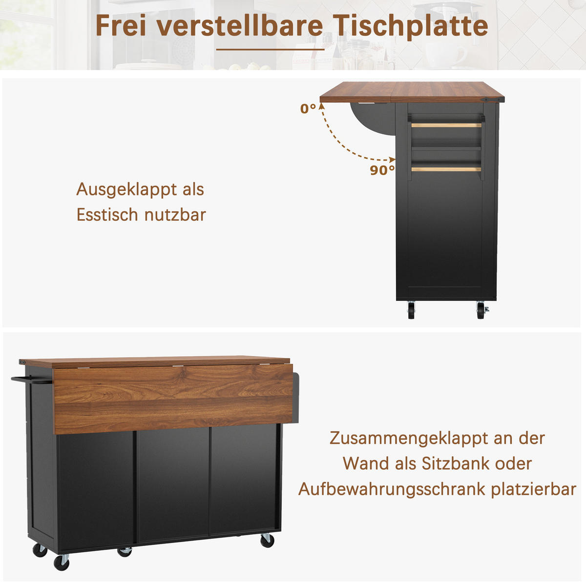 KÜCHENINSEL mit klappbarer Arbeitsplatte & Rollen, 140/45/73/92,5 cm, Schwarz - Schwarz, Holzwerkstoff (140/92.5/45cm) - Redom