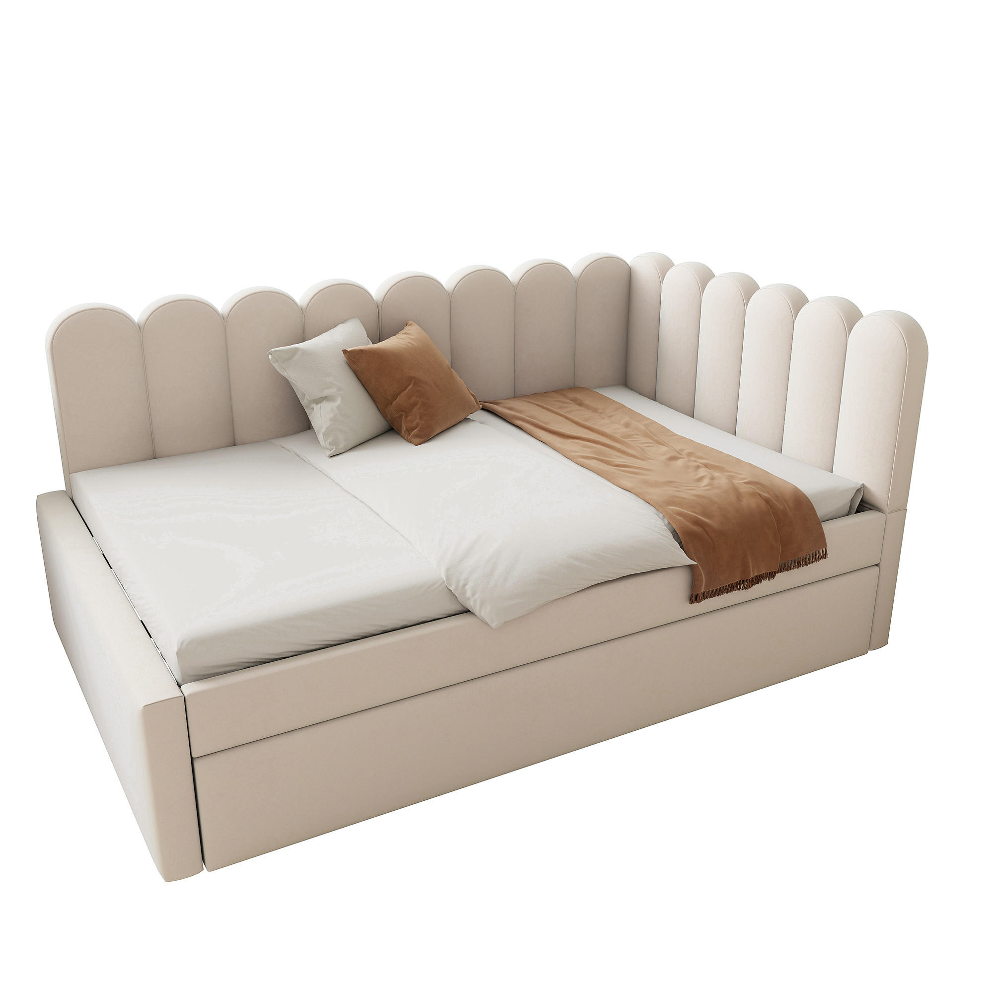 POLSTERBETT 140/200 cm aus Samt mit Ausziehbett in L-Form Beige - Beige, Textil (140/200cm) - Modenvie