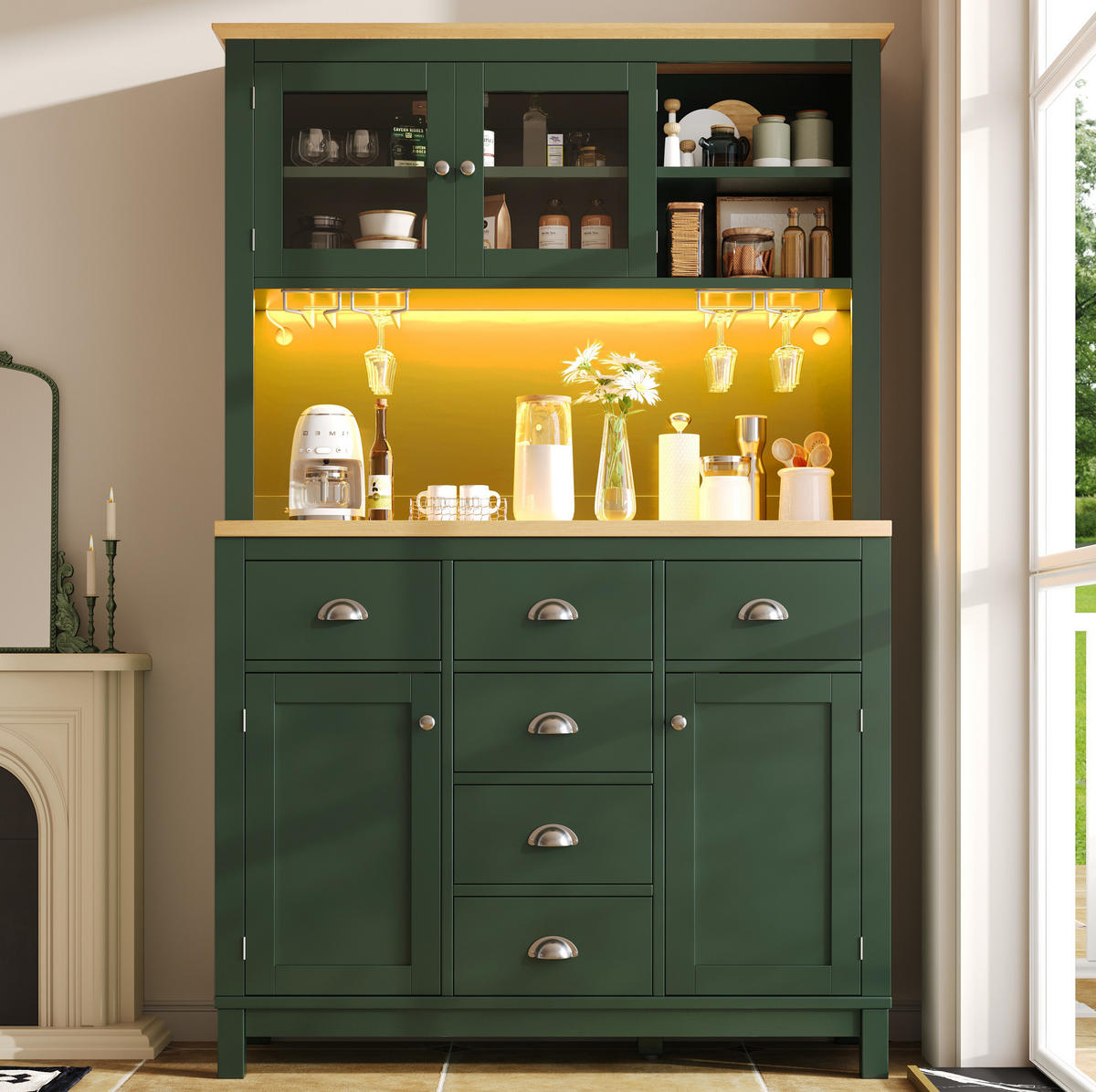 BUFFETSCHRANK mit LED-Lichtleiste 104x40x180 cm MDF Grün - Grün, Holzwerkstoff (40/180/104cm) - Meubliv