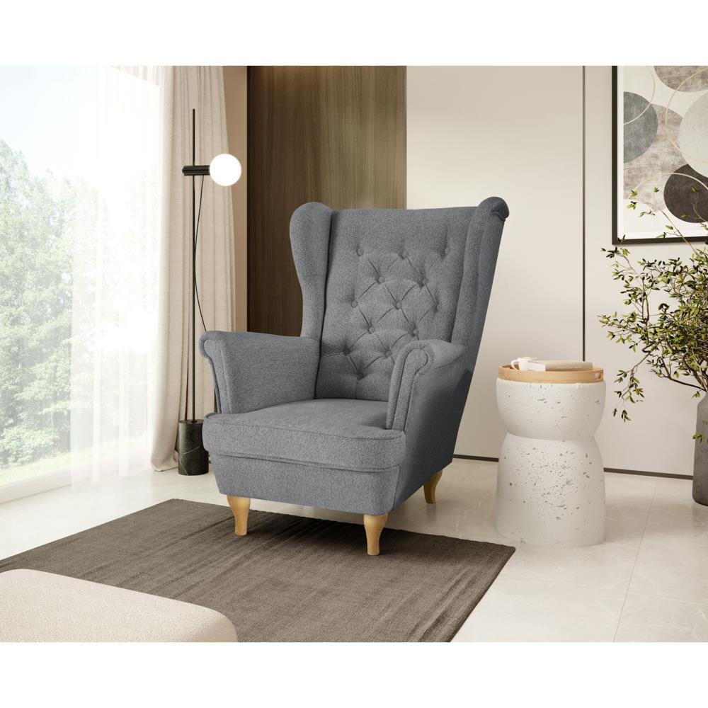 CHESTERFIELD-SESSEL Falco grau mit Buche Holzbeinen - Grau, Holz/Textil (82/102/92cm) - Beautysofa