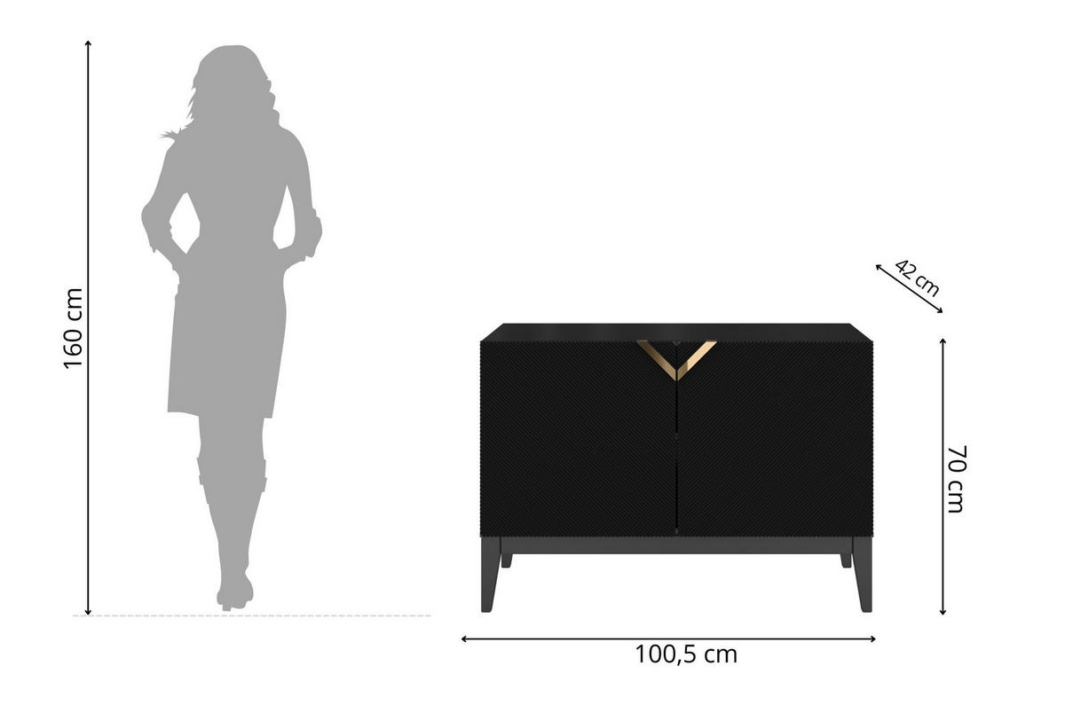 SIDEBOARD Demi 2D Long, Schwarz-Gold, Mit Gefrästen Fronten, Massive Buche - Schwarz, Holz/Holzwerkstoff (100.5/70/42cm) - Visby