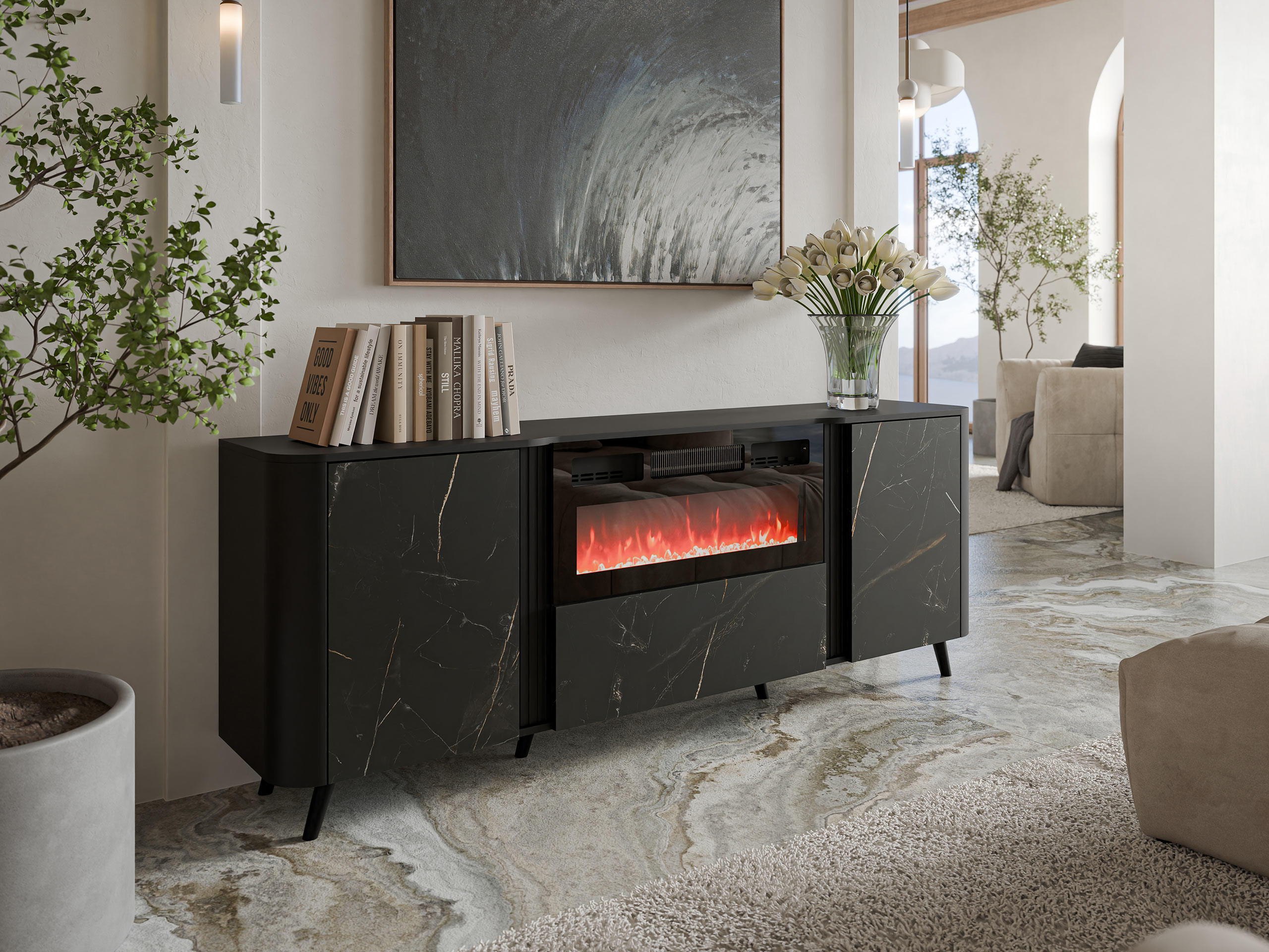 KOMMODE Volare 200 EF mit Kamin - Multicolor/Schwarz, Holzwerkstoff/Kunststoff (200/76/39cm) - MIRJAN24