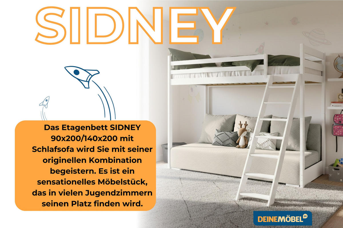 ETAGENBETT SIDNEY 90x200 in Weiß / Creme - Creme/Weiß, Holz/Holzwerkstoff (90/200cm) - Deine Möbel 24