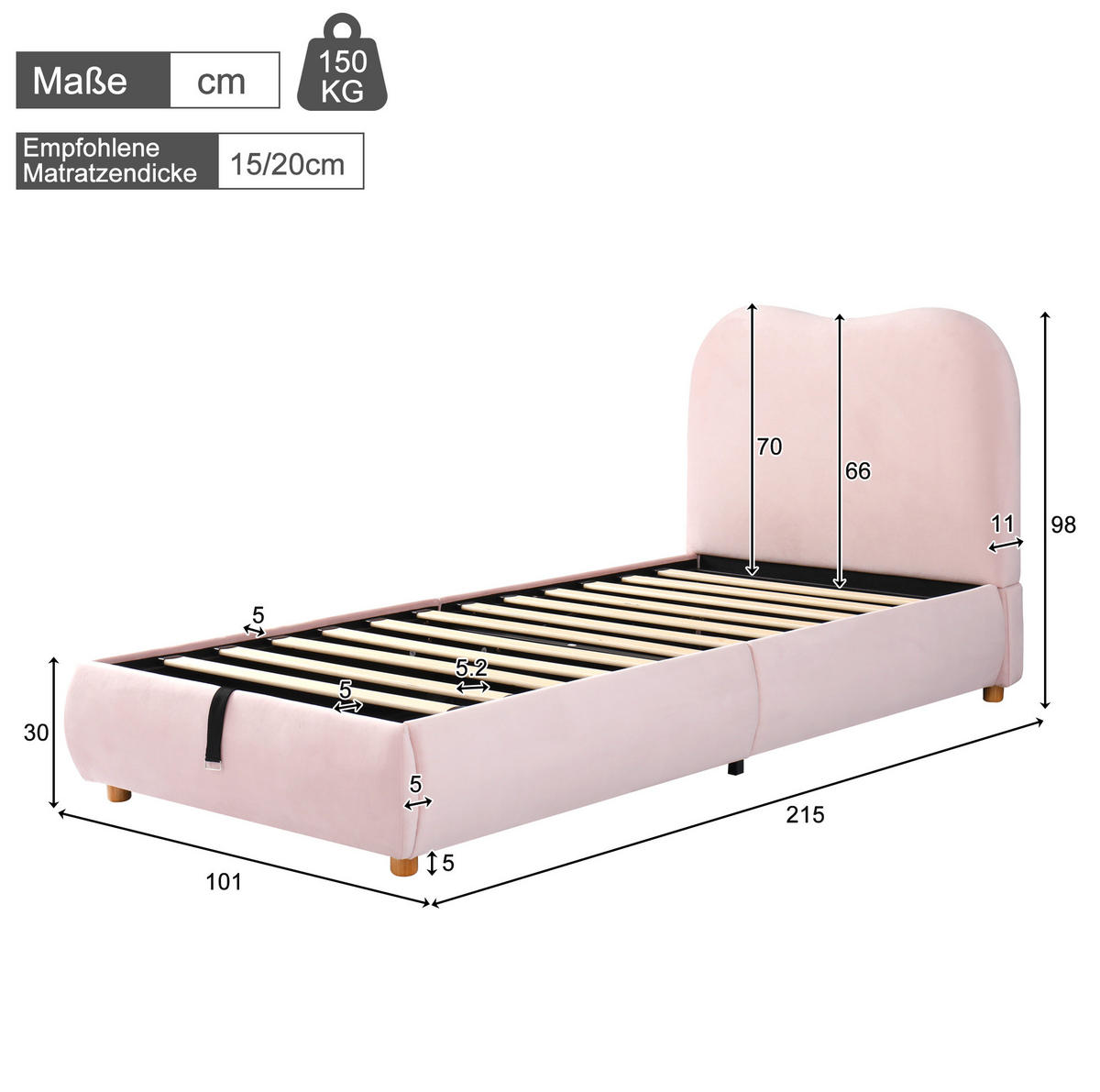 POLSTERBETT aus Samt 90x200 cm in Rosa mit Hydraulik-Stauraum - Rosa, Textil (90/200cm) - Modfu
