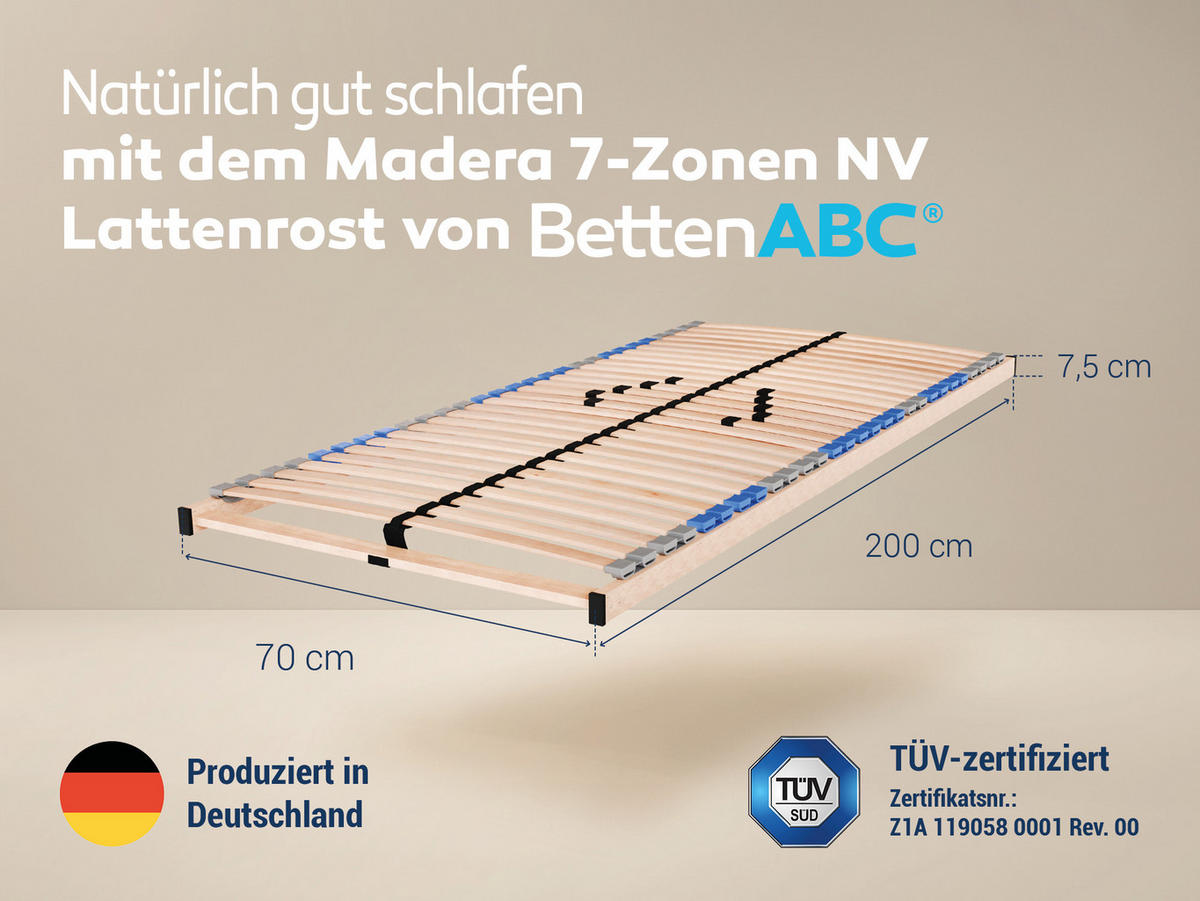 LATTENROST Madera, 7 Zonen, zur Selbstmontage, Größe: 70x200 - Braun, Holz (70/200cm) - Betten-ABC