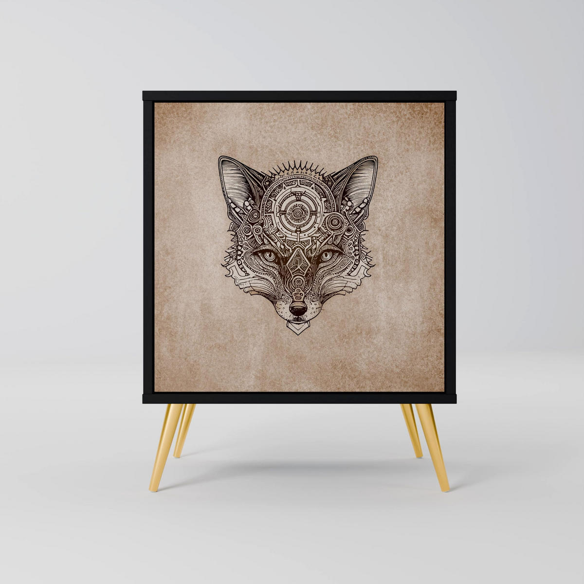 SIDEBOARD STEAMPUNK CLAN, Schwarz, 57,5x42x75,5 cm, Goldfarbene Metallfüße - Goldfarben/Multicolor, Holzwerkstoff/Metall (57.5/75.5/42cm) - SpaceRebels