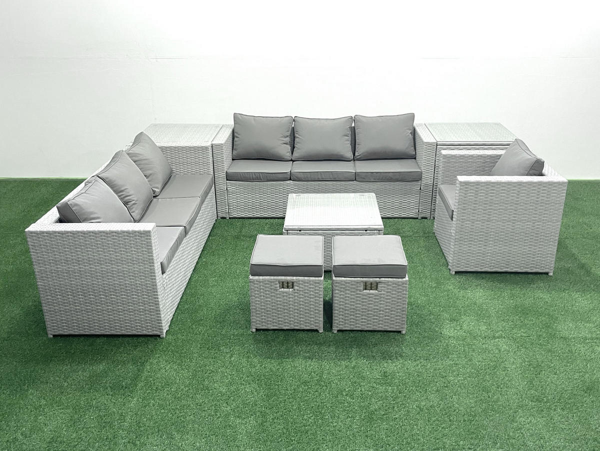 GARTENMÖBEL-SET mit Kissen Polyrattan Hellgrau-Mix 9-Sitzer - Hellgrau/Grau, Glas/Kunststoff - Fimous