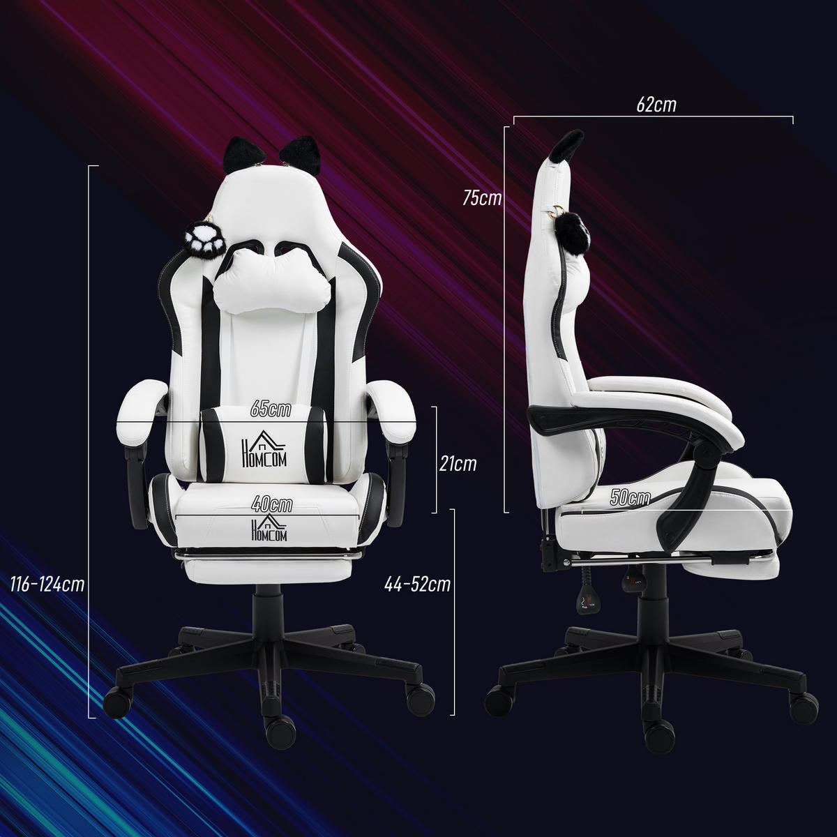 GAMING-STUHL Weiß 65.0/62.0/124.0 cm - Weiß, Kunststoff (62/124/65cm)