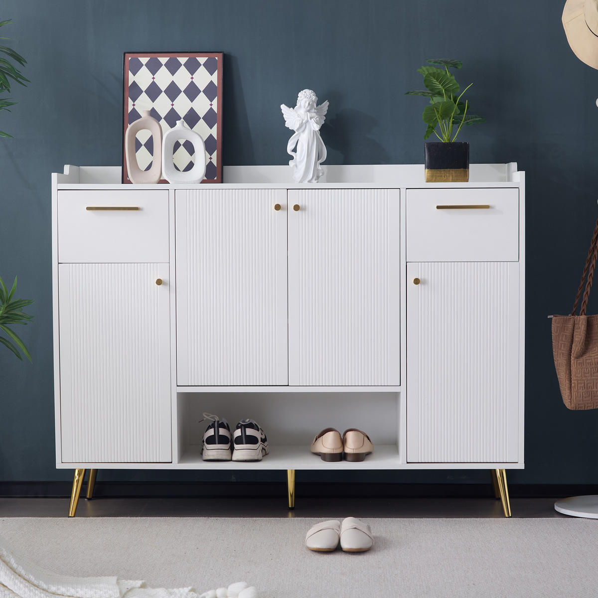 SCHUHSCHRANK mit 4 Türen Weiß 130x37x100cm - Weiß, Holzwerkstoff (37/100/130cm) - FLIEKS