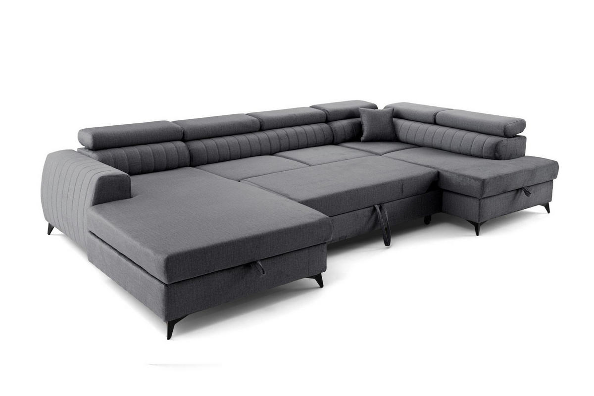 ECKSOFA U-Form PIERO U Rechts mit Schlaffunktion 125x260 Velours Dunkelgrau - Dunkelgrau/Schwarz, Holz/Textil (203/90/350cm) - Muffo