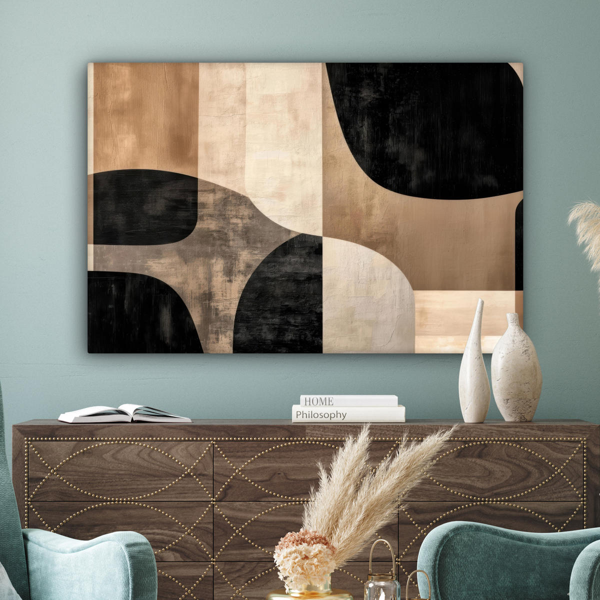 LEINWANDBILD Abstrakt - Flugzeuge - Schwarz - Rund Groß 140x90 cm - Beige, Textil (140/90cm) - MuchoWow